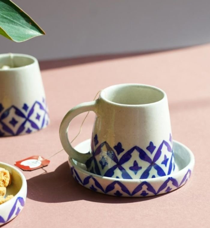 ‘Sukoon’ Blue Pottery Mug and Saucer Set
